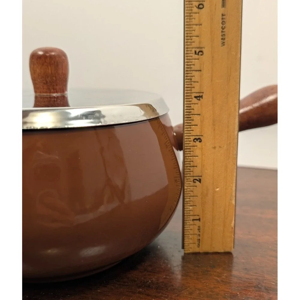 Vintage 1970s Brown Enamel Fondue Pot 6 Color Coded Forks Wood Handles Retro